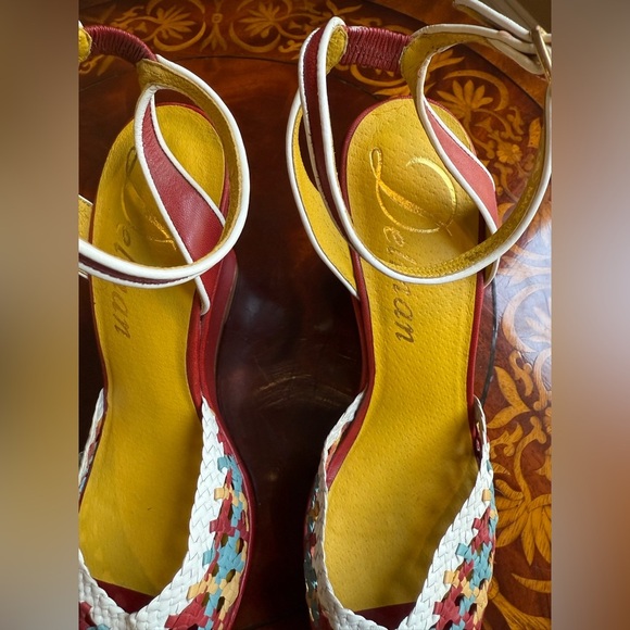 NWOT Delman Red/Yellow Leather Woven Peep toe Sandals 4” heel Size 8 MSRP $295 - Picture 7 of 13